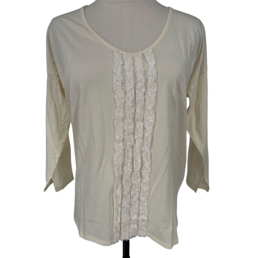 NEW NYDJ Women's Ivory‎ Fringe V-Neck 3/4 Sleeve Size SMALL Shirt